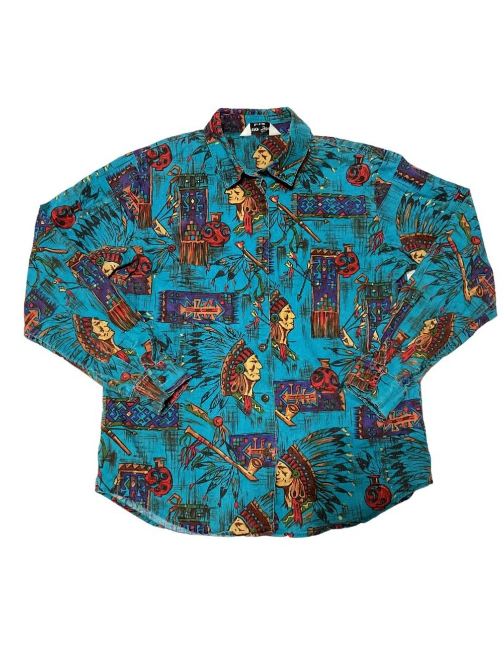 Vtg Sharon Young Native American Shirt Sz L All Over Print Southwestern Western